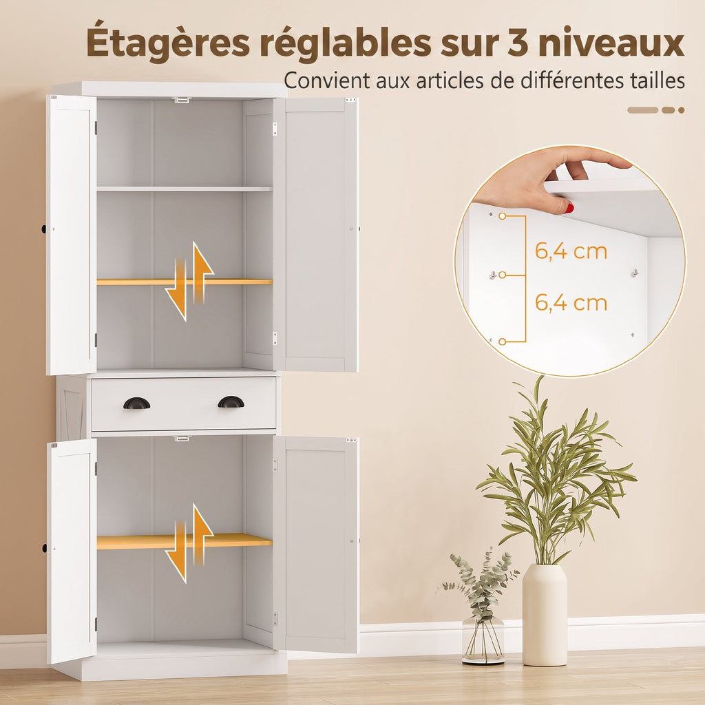 Buffet Haut Cuisine, Armoire de Cuisine avec 4 Portes, Tiroir et Étagères Réglables, Style Rustique, 62x38x173cm, Blanc-4