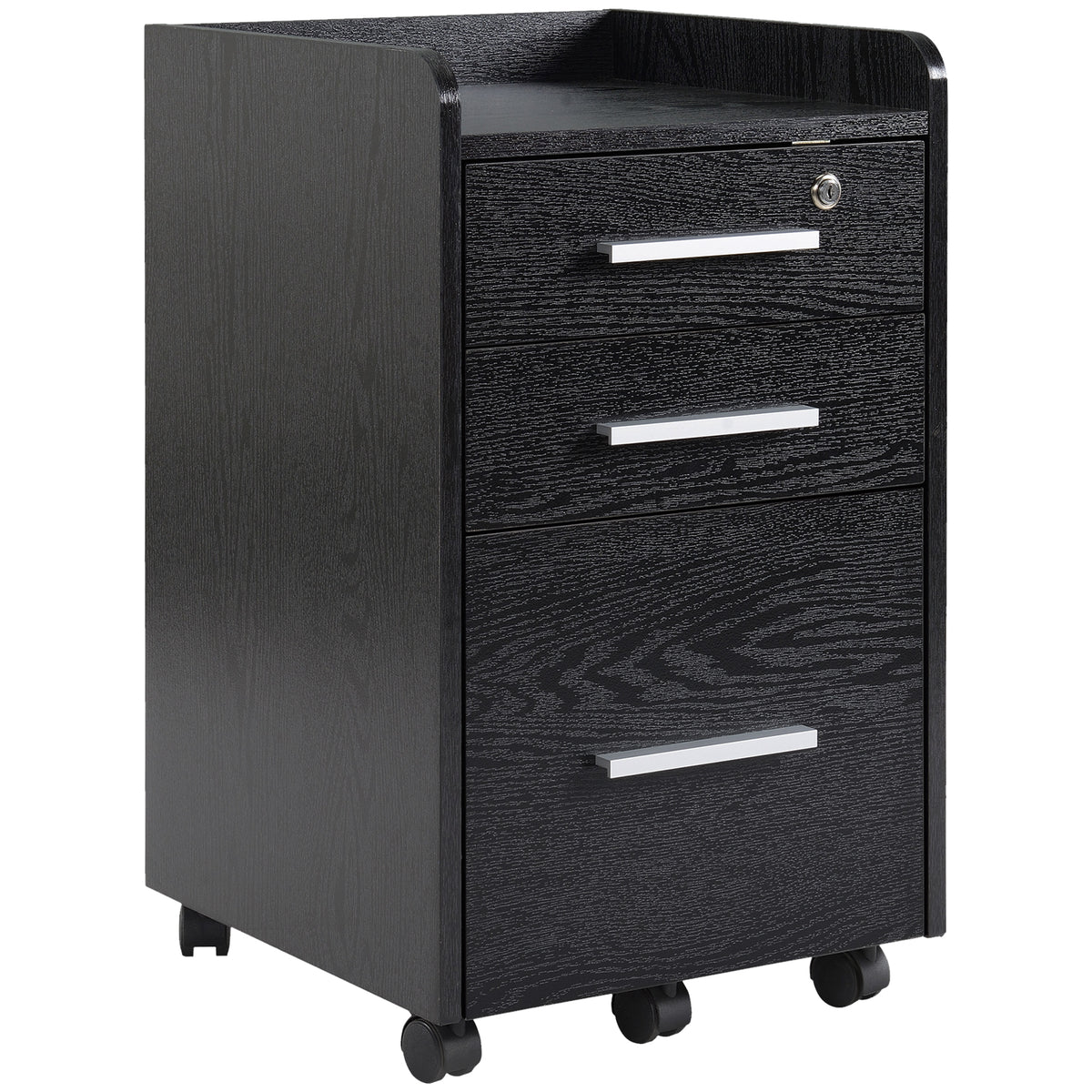 Caisson de bureau rangement bureau sur roulettes 3 tiroirs 1 verrouillable 1 trieur dossiers en bois noir-0