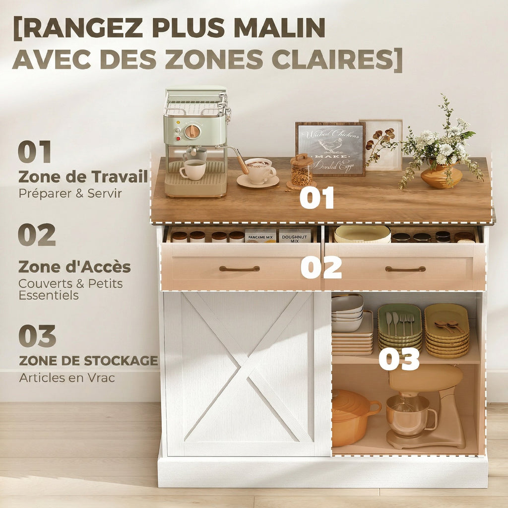 Îlot central cuisine, buffet cuisine, meuble de rangement avec 2 tiroirs 2 portes coulissantes, étagère réglable, blanc-4