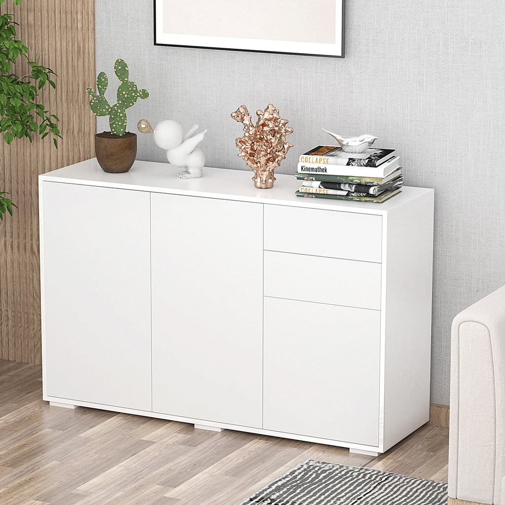 Buffet meuble de rangement 2 tiroirs coulissants 3 portes étagère réglable panneaux de particules 117 x 36 x 74 cm blanc-1