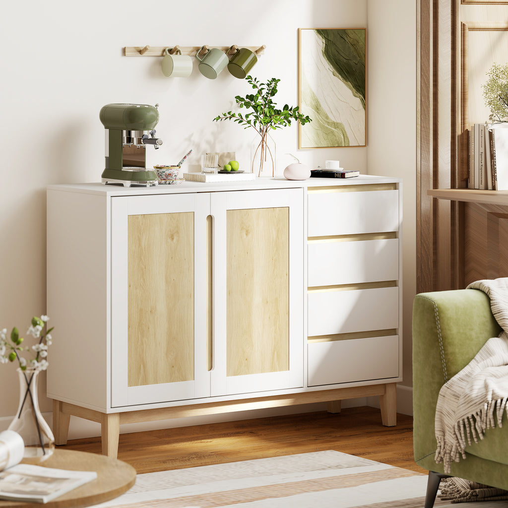 Buffet, meuble de rangement avec 2 portes et 4 tiroirs, étagère réglable, 120 x 40 x 86 cm, blanc et chêne-1