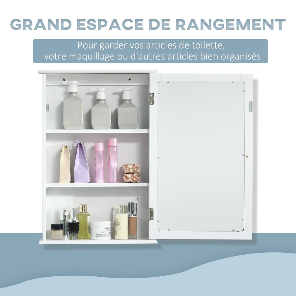Armoire Murale de Salle de Bain avec Miroir - Armoire à Glace - Placard de Rangement Toilettes - 1 Porte, 2 étagères - Verre MDF Blanc-3