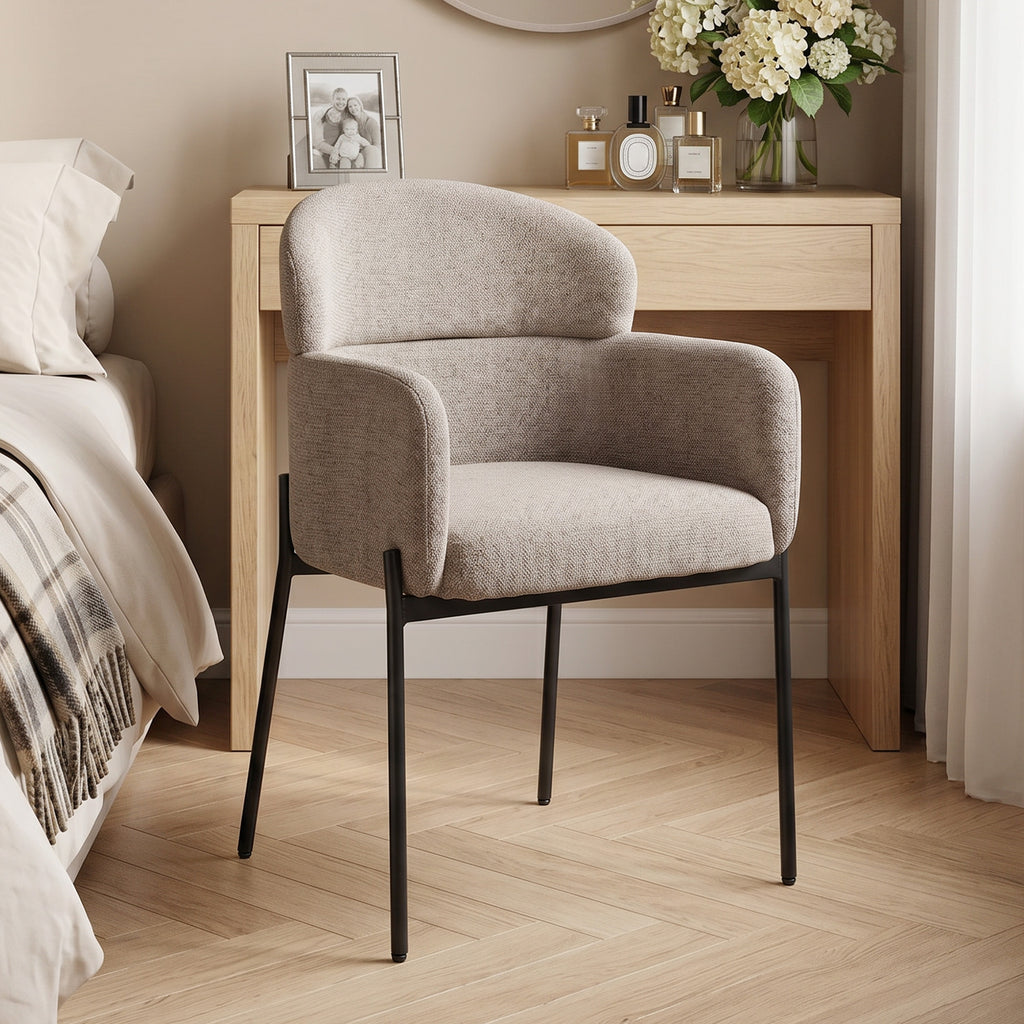 Fauteuil Salon, Fauteuil d'Appoint Rembourré en Chenille avec Dossier Courbé et Accoudoirs, Pieds en Métal, Marron Clair-1