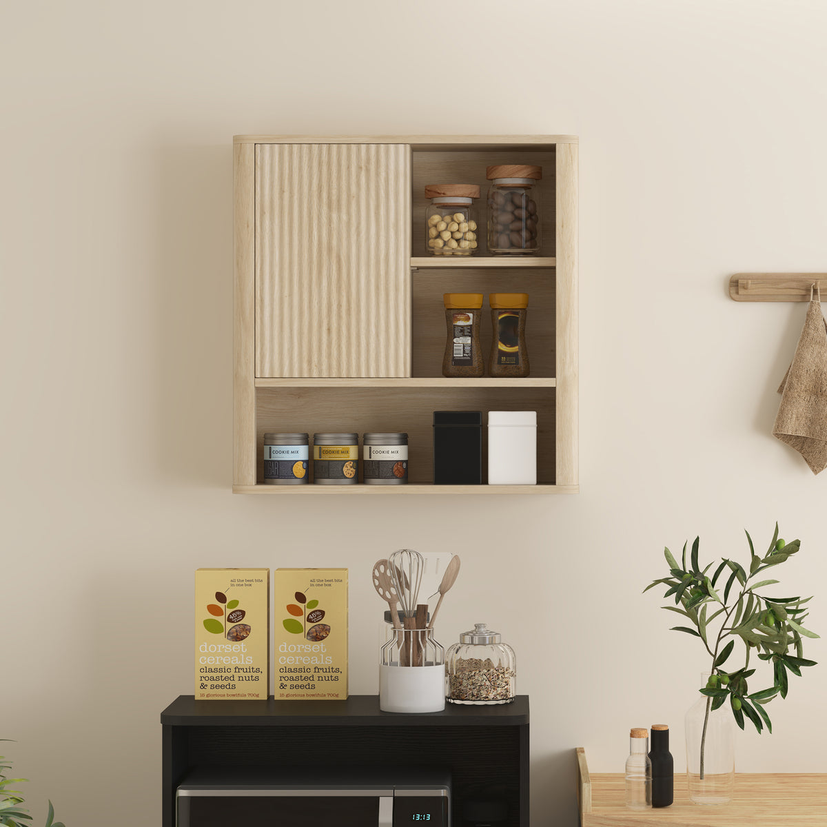 Armoire murale salle de bain avec étagères réglables, porte coulissante et étagères ouvertes, bois naturel-7