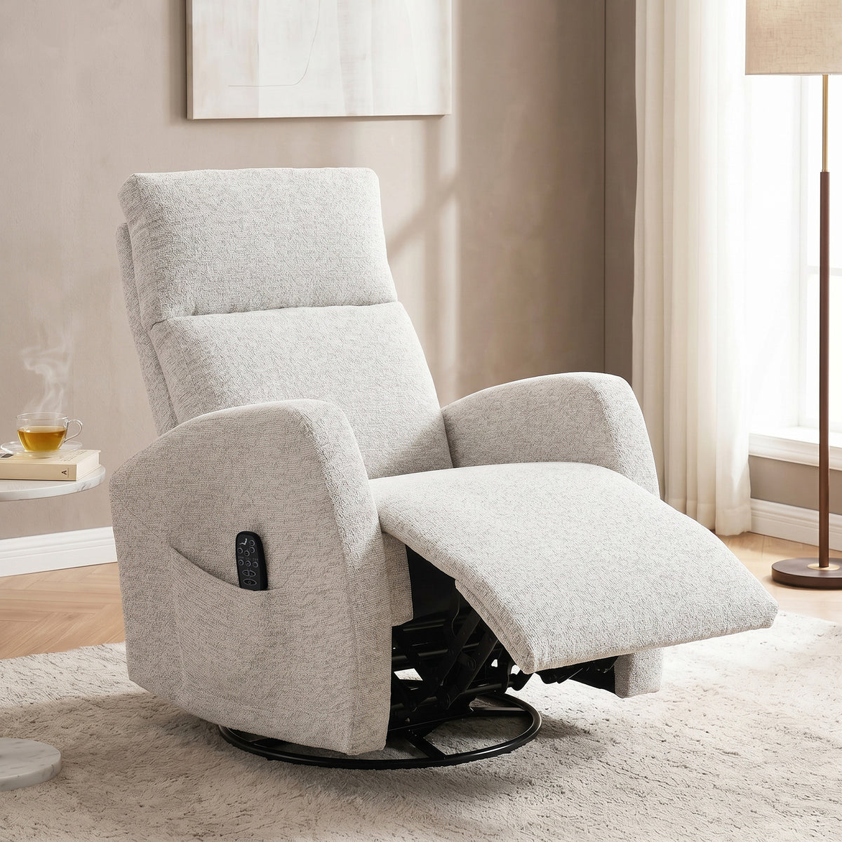 Fauteuil inclinable de massage et chauffage, fauteuil de relaxation en chenille, dossier réglable, pivotant 360°, crème-1