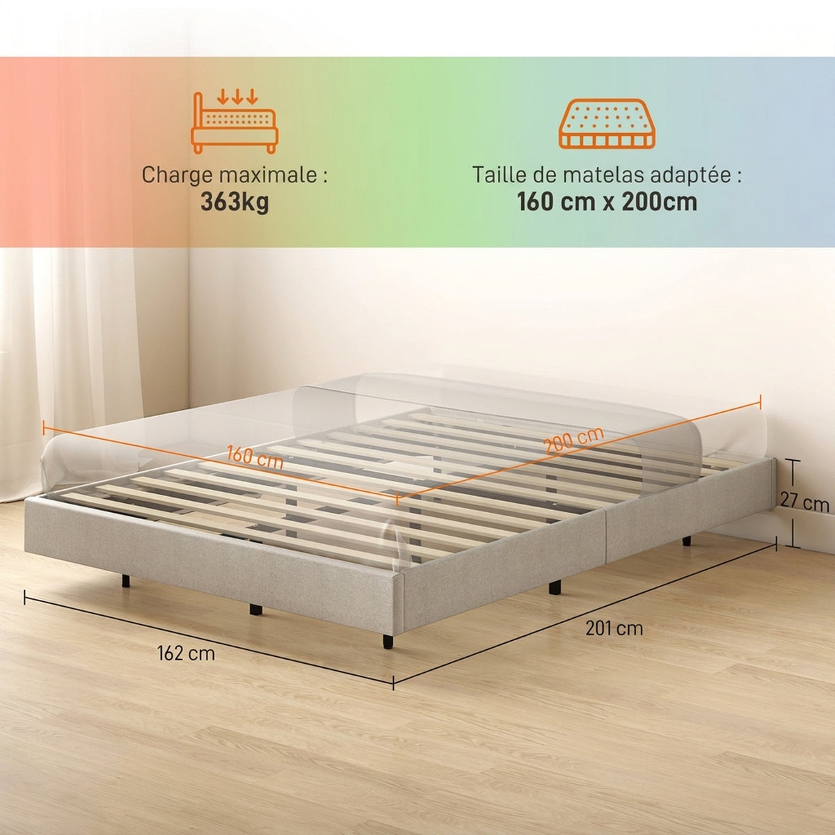 Lit Flottant 160 x 200 cm avec Éclairage LED Intelligent, Cadre de Lit Double Rembourré en Lin, Montage Facile, Beige-2