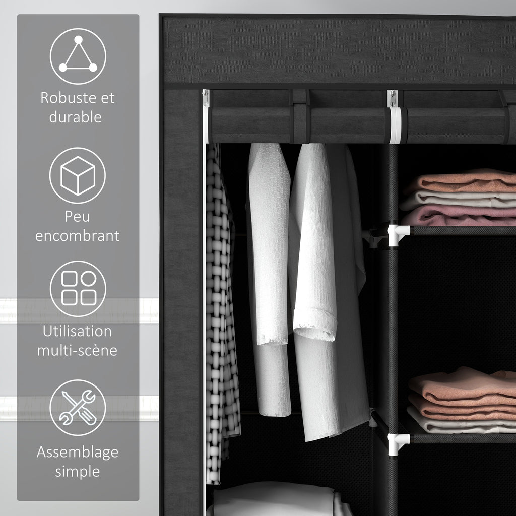 Armoire penderie multi-rangement - 8 étagères, 2 barres - non tissé noir-5