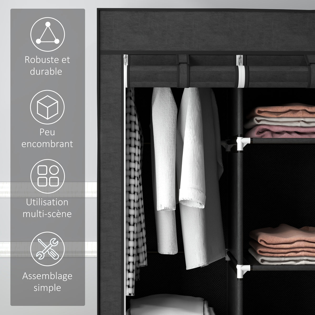 Armoire penderie multi-rangement - 8 étagères, 2 barres - non tissé noir-5