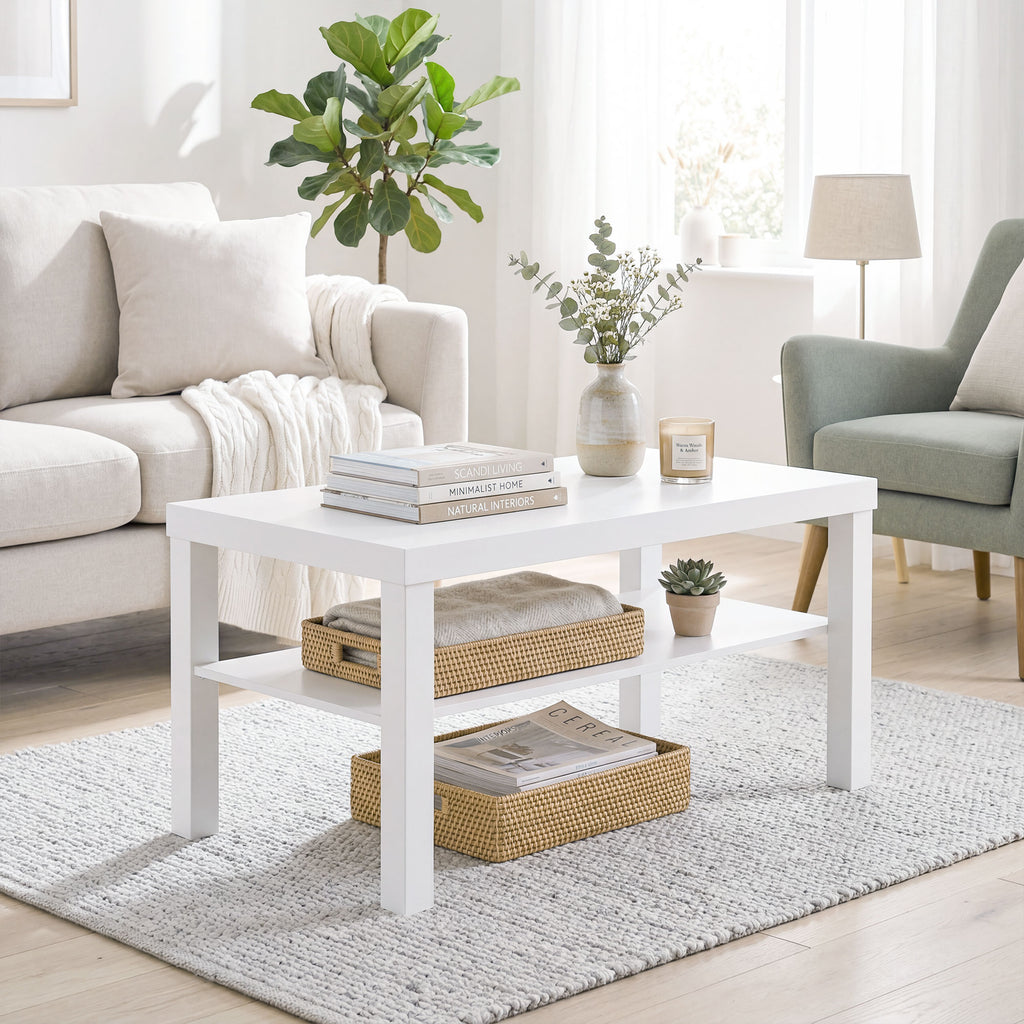 Table basse de salon, table d'appoint rectangulaire à 2 niveaux avec étagère de rangement, 90x45x44,5cm, blanc-9