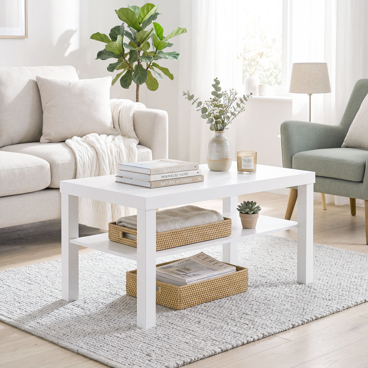 Table basse de salon, table d'appoint rectangulaire à 2 niveaux avec étagère de rangement, 90x45x44,5cm, blanc-9