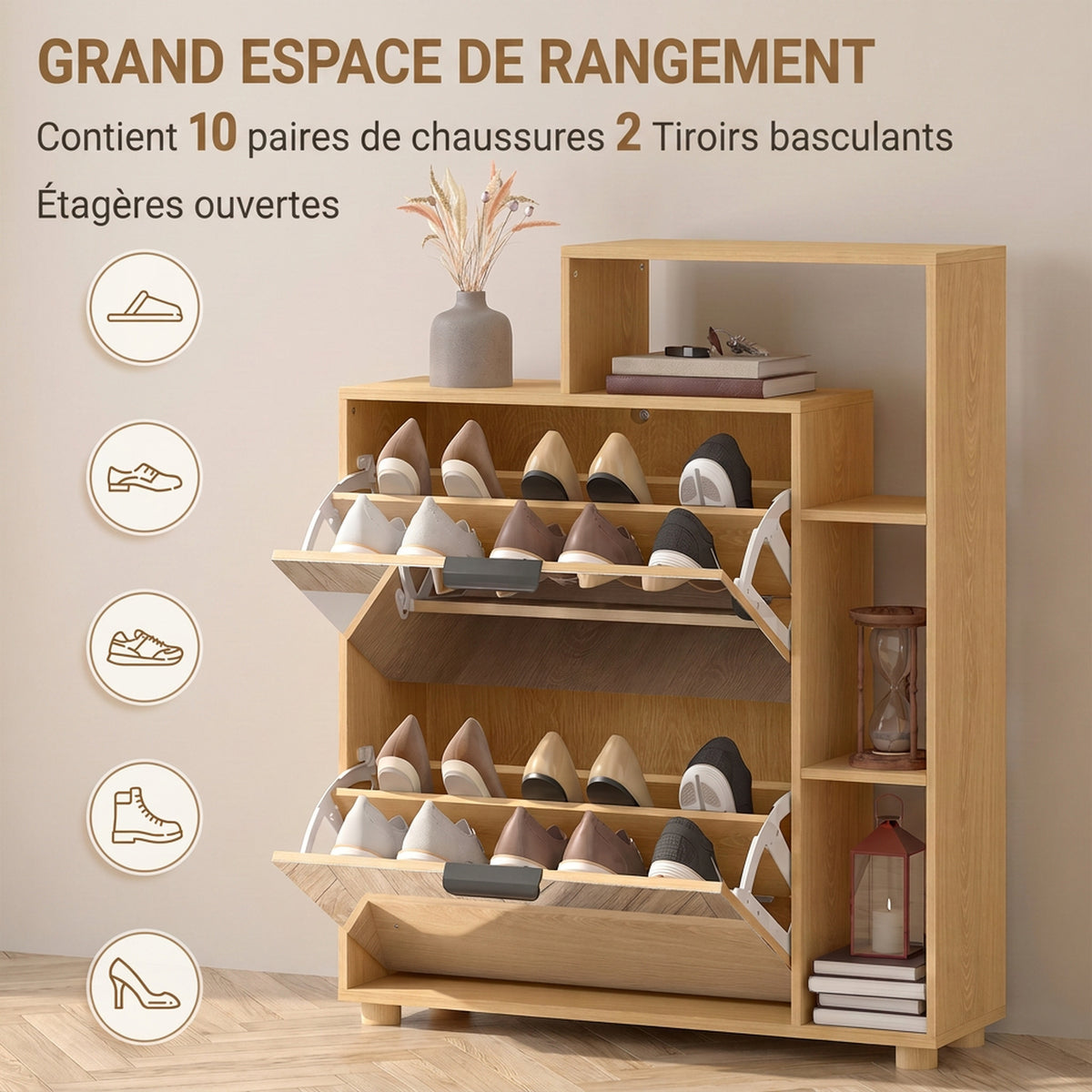 Meuble à Chaussures 10 Paires, Armoire à Chaussures, Portes en Miroir, 2 Tiroirs et Compartiments Ouverts, Chêne-5