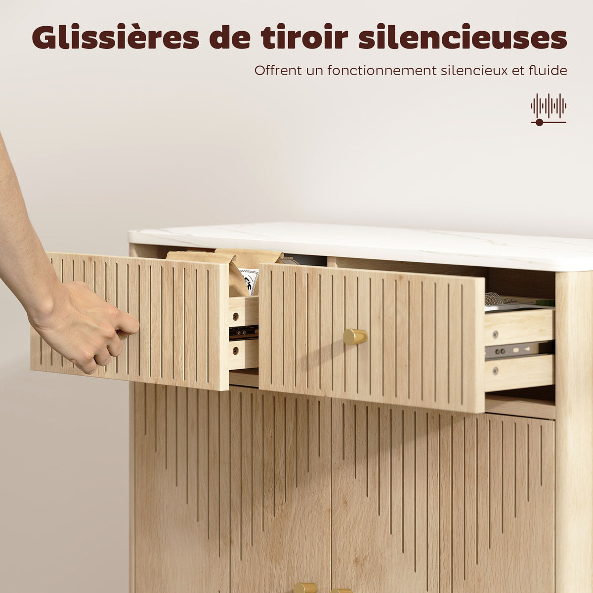 Buffet, meuble de rangement cannelé avec plateau effet marbre, 2 tiroirs, 2 portes, étagère réglable, 77x30x80cm, chêne-4