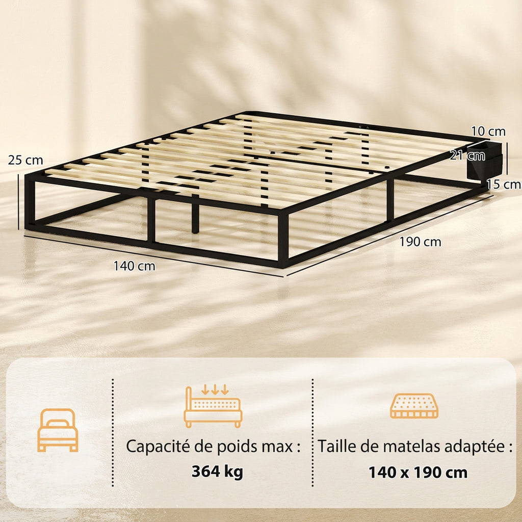 Cadre de Lit 140 x 190 cm avec Sommier, Lit Double avec Pochette de Rangement, Support à Lattes en Bois, Noir-2