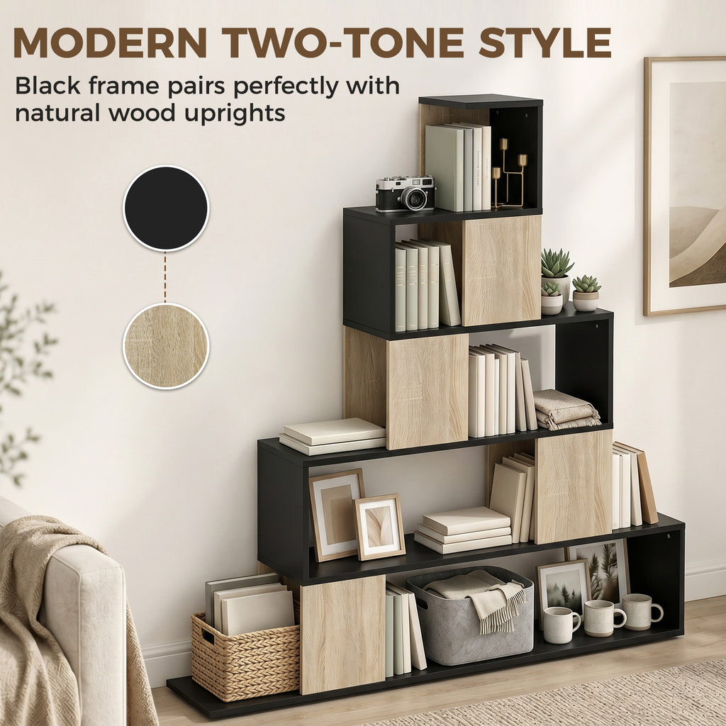 Étagère de rangement, bibliothèque géométrique à 5 niveaux, pour bureau, salon, chambre, noir et bois naturel-7