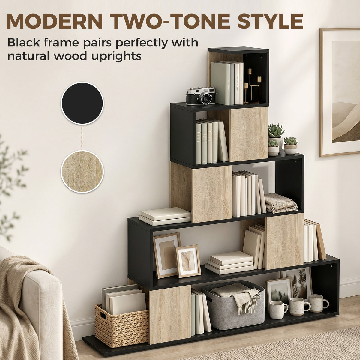 Étagère de rangement, bibliothèque géométrique à 5 niveaux, pour bureau, salon, chambre, noir et bois naturel-7