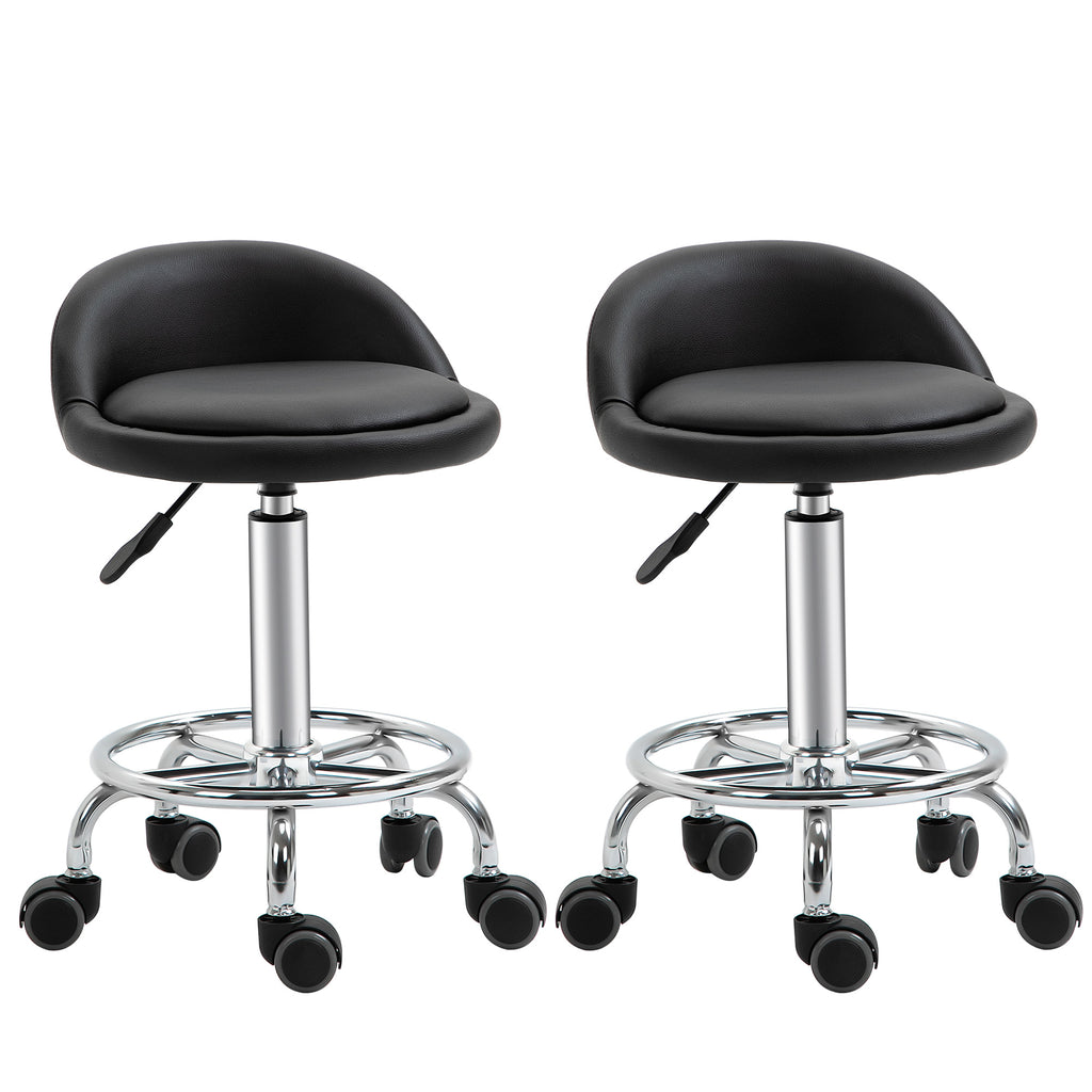 Lot de 2 tabouret à roulette pivotant 360°, assise réglable 47-62H cm, acier chromé revêtement synthétique noir-0