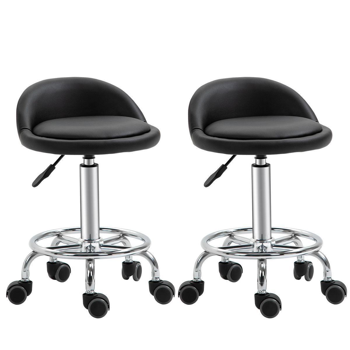 Lot de 2 tabouret à roulette pivotant 360°, assise réglable 47-62H cm, acier chromé revêtement synthétique noir-0
