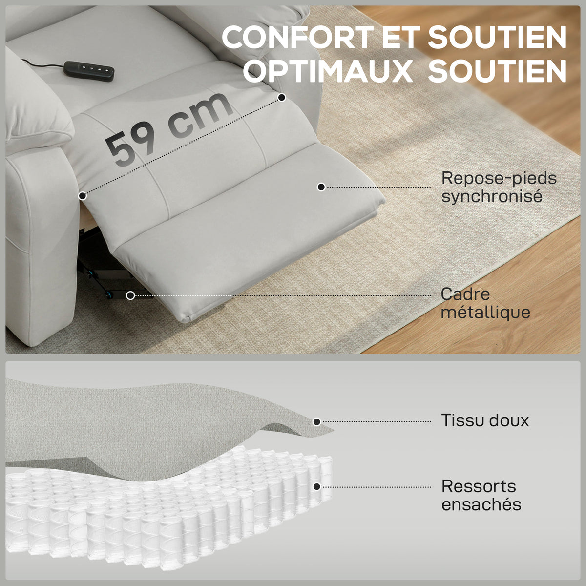 Fauteuil relax électrique fauteuil inclinable port USB repose-pieds poches latérales télécommande 96x90x103cm crème-4