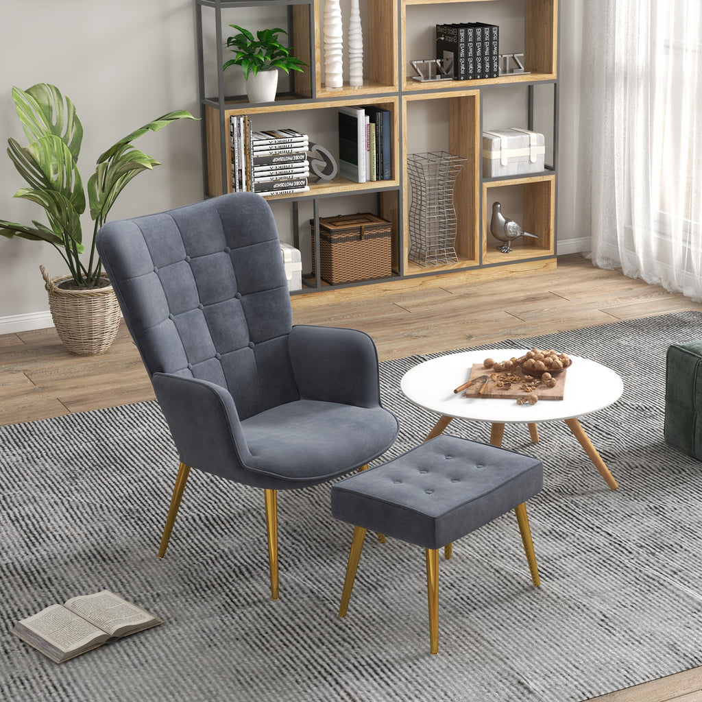 Fauteuil avec repose-pied, fauteuil salon capitonné avec dossier haut, pieds en acier doré et tissu velours, gris foncé-9