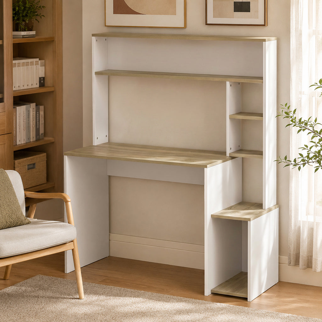 Bureau Informatique, 114 x 45 x 138 cm, Bureau avec Rangement, Étagères Ouvertes et Support UC, Blanc et Bois Naturel-1