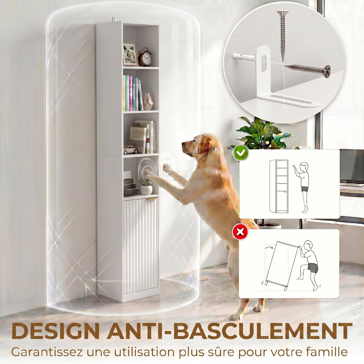 Bibliothèque, Étagère à 6 Niveaux, 30 x 24 x 182 cm, Meuble de Rangement avec Placard et Étagère Réglable, Blanc-6