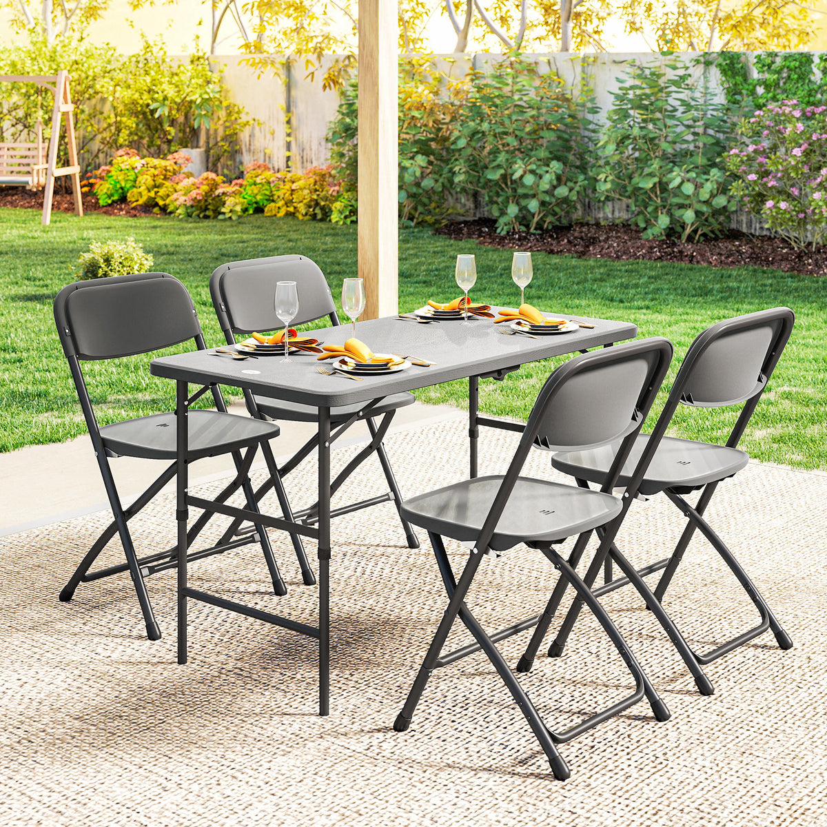 Salon de jardin extérieur table de jardin extérieure avec 4 chaises pliables table réglable en hauteur 118 cm gris foncé-8