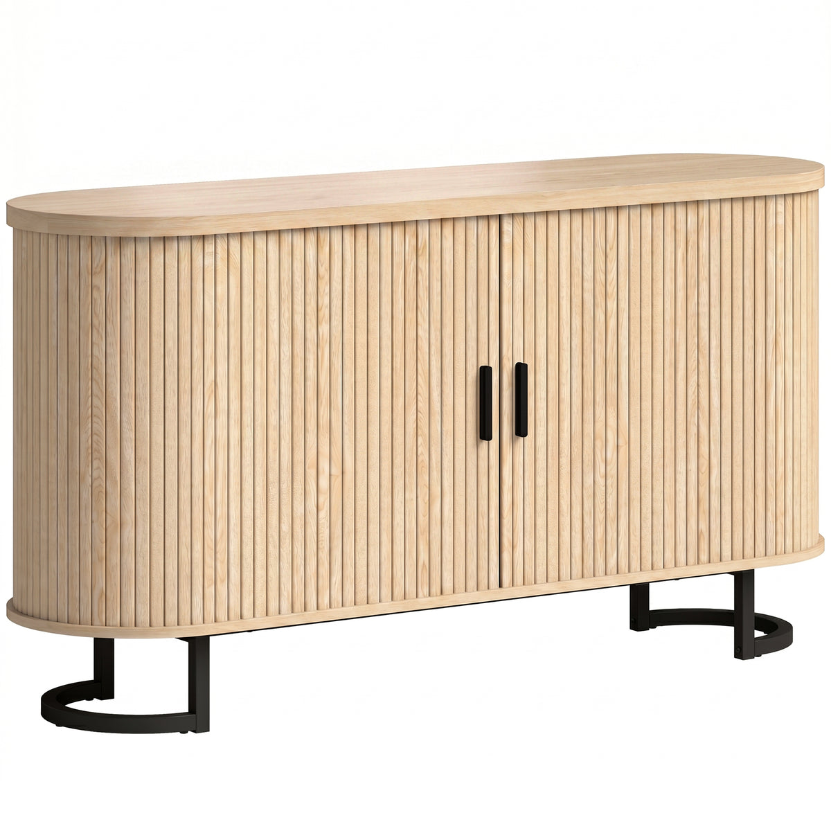 Buffet salon, meuble de rangement ovale avec 2 portes coulissantes et étagères réglables, 140x40x75cm, bois naturel-0
