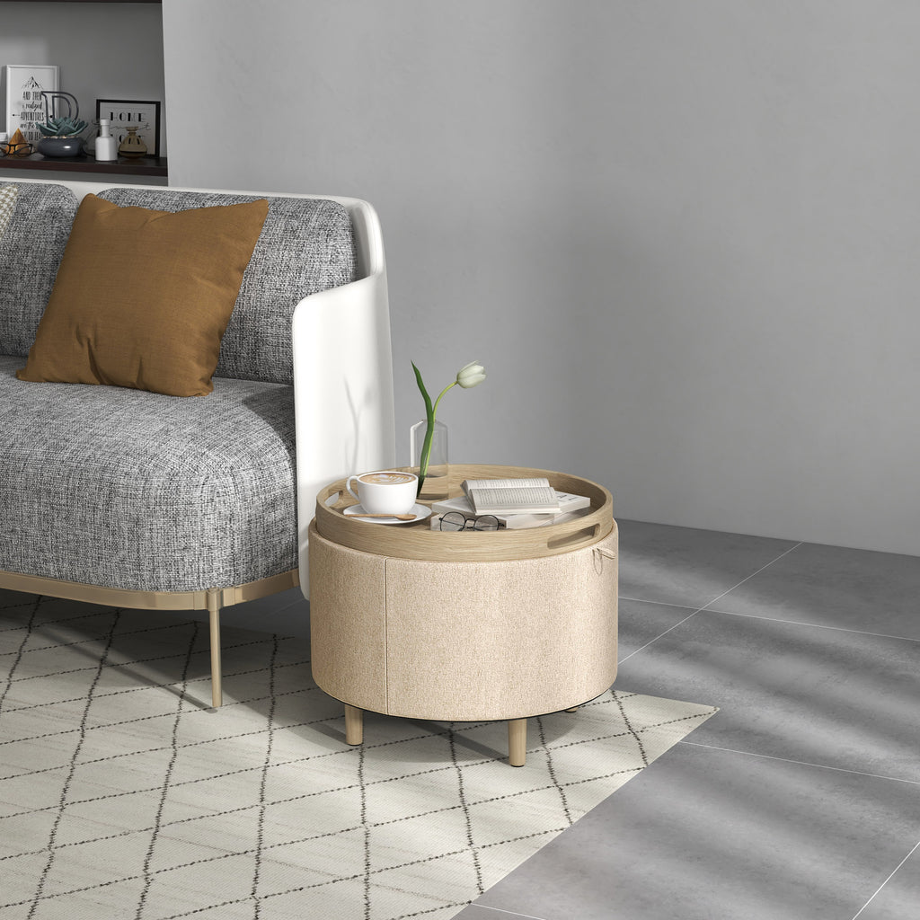 Pouf rond repose-pieds tabouret avec coffre de rangement, plateau réversible, meuble 3 en 1 pied en bois beige-1