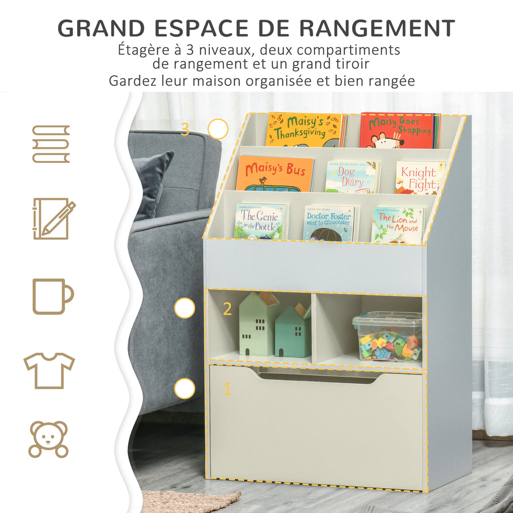 Bibliothèque étagère Multi-Rangement 3 étagères 2 niches Grand tiroir en bois Gris-3