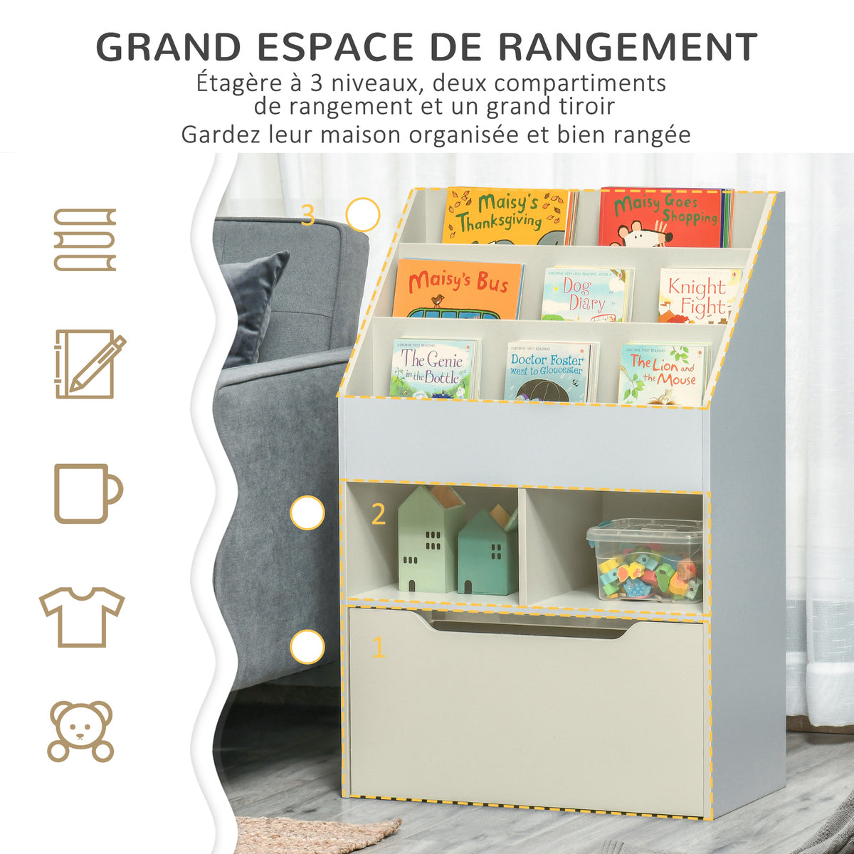 Bibliothèque étagère Multi-Rangement 3 étagères 2 niches Grand tiroir en bois Gris-3