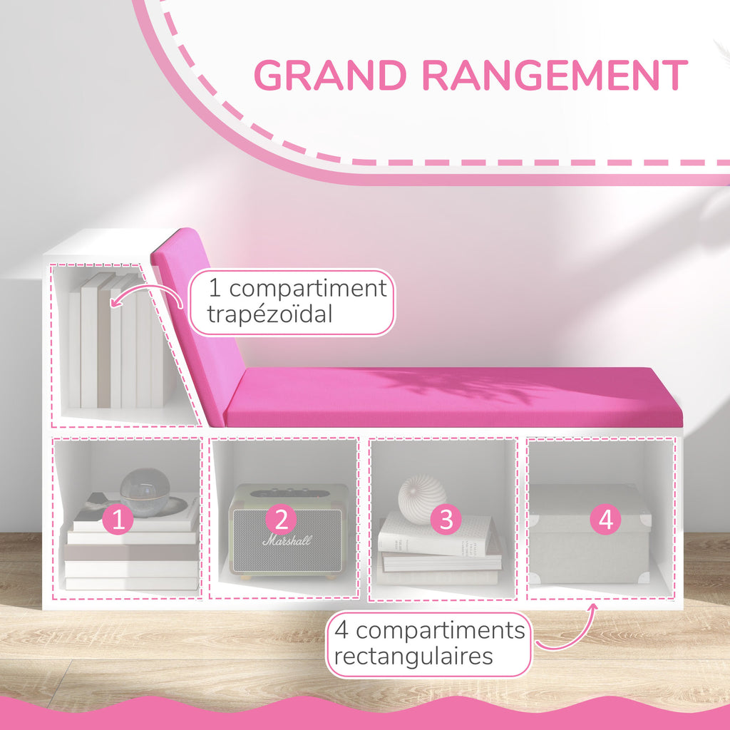 Bibliothèque banc 2 en 1 avec 5 compartiments de rangement et 2 coussins 108 x 30 x 60 cm blanc rose-4