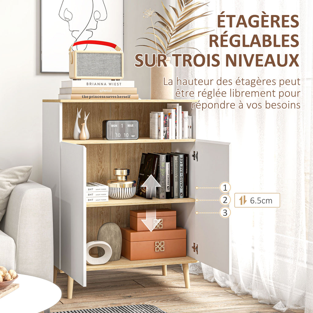 Meuble de rangement buffet sur pied scandinave placard 2 portes avec étagère intérieure blanc et aspect bois-4