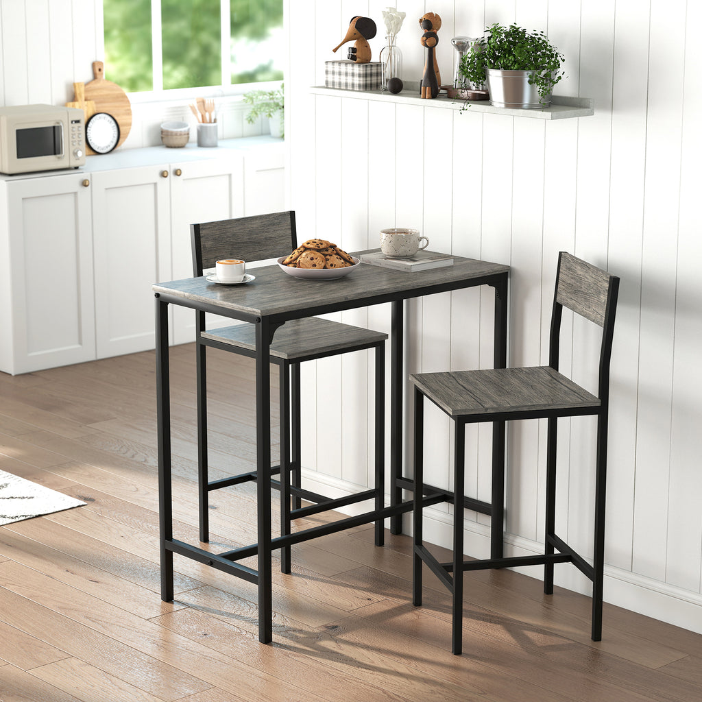 Ensemble table de bar avec tabourets, table à manger debout avec 2 chaises de bar, repose-pieds et dossiers, gris-9