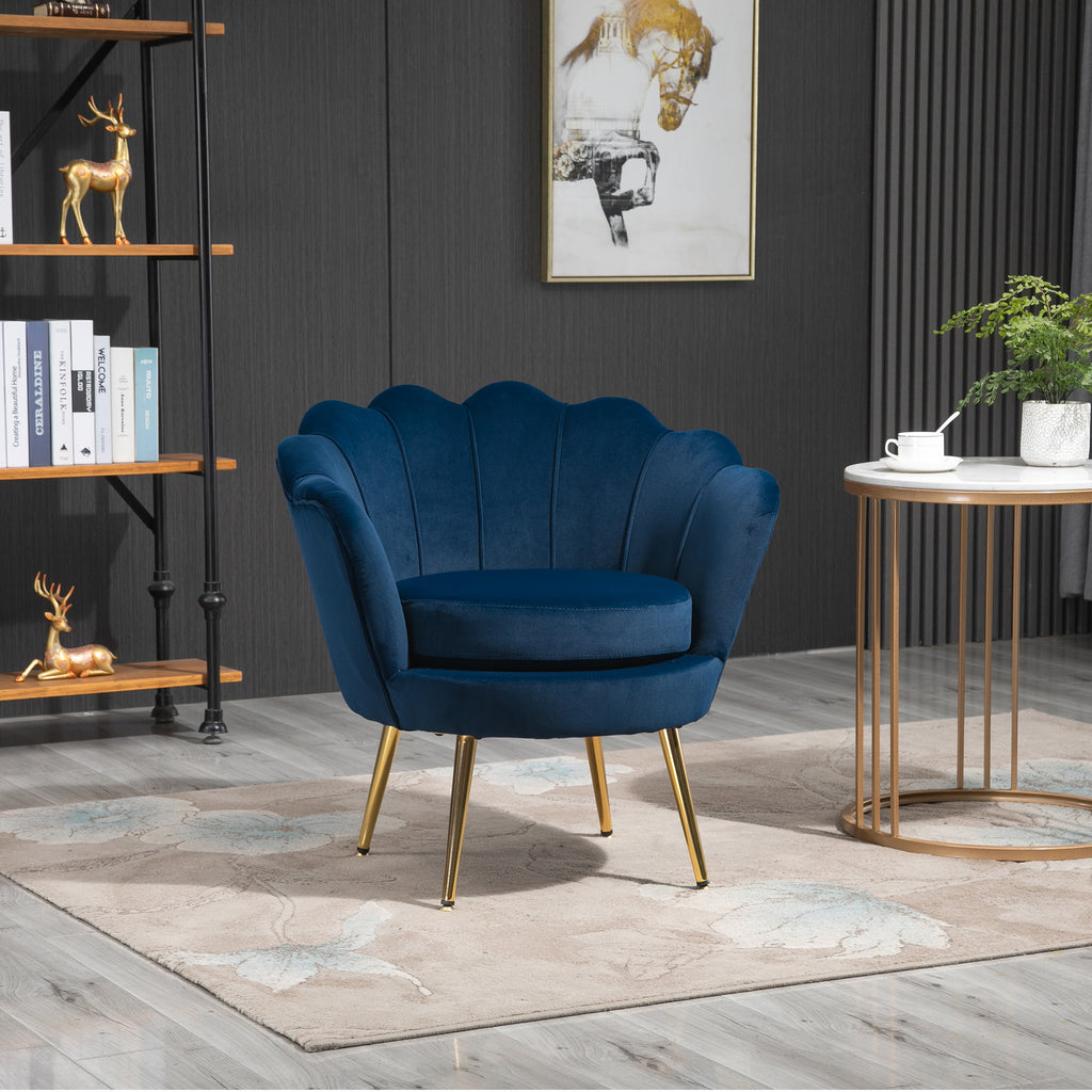 Fauteuil salon fauteuil en velours fauteuil coquillage avec pieds en métal doré pour chambre à coucher, bleu-1