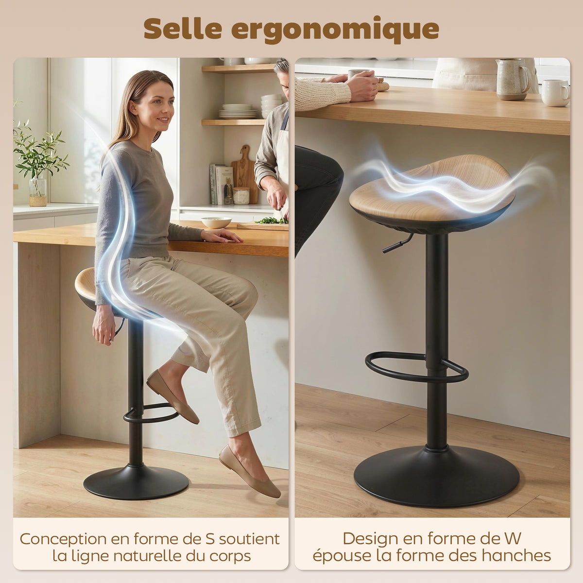 Lot de 2 tabourets de bar, chaises de bar réglables en hauteur avec repose-pieds, pivotant 360°, base en acier, chêne-3