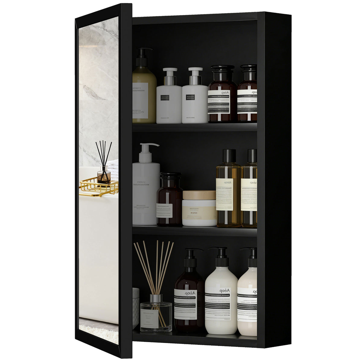 Armoire miroir de salle de bain armoire murale armoire à glace avec 1 porte et 2 étagères en acier 40 x 12 x 60 cm noir-0