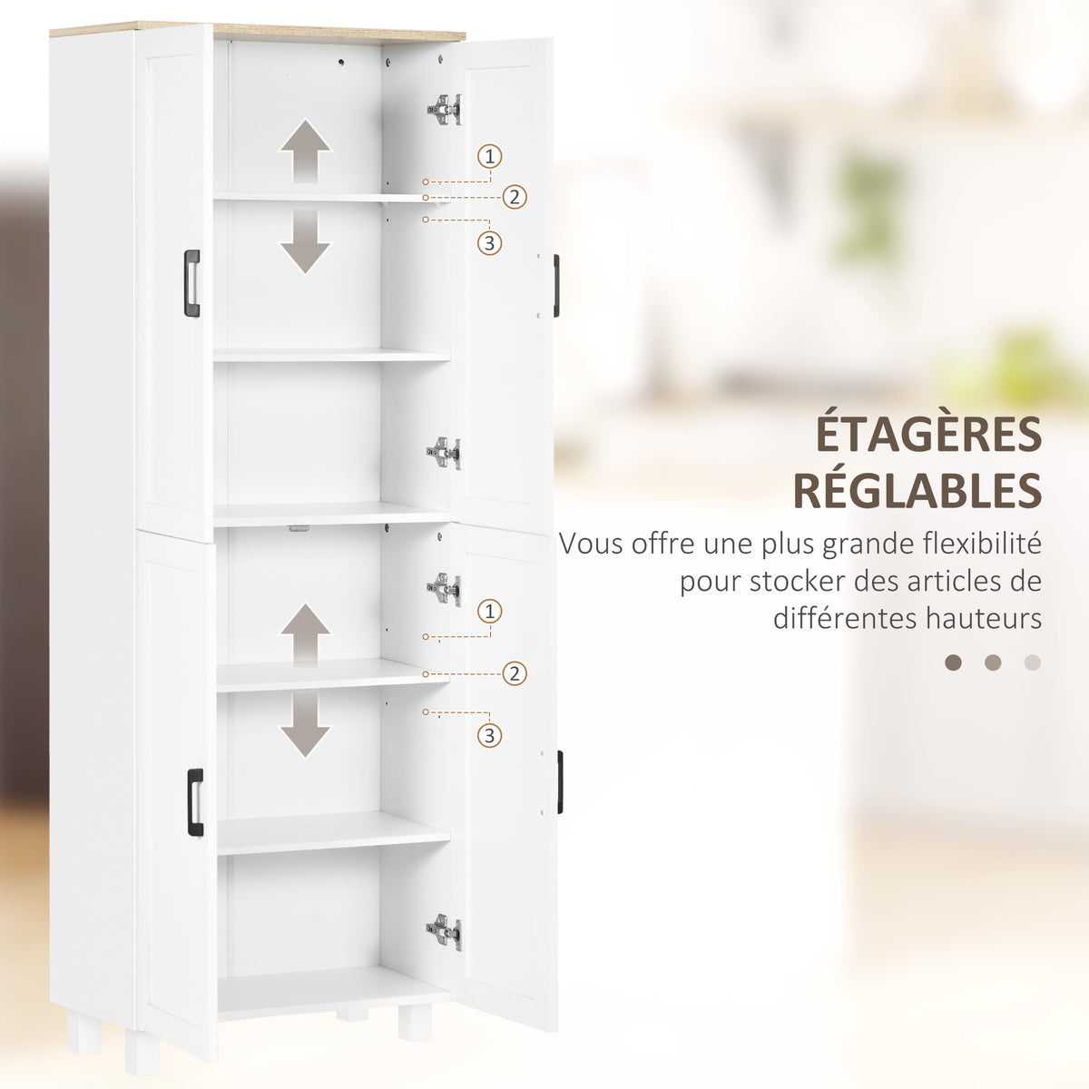 Armoire de cuisine hauteur 170 cm buffet haut avec 4 portes et étagères ajustable, design moderne, blanc-4