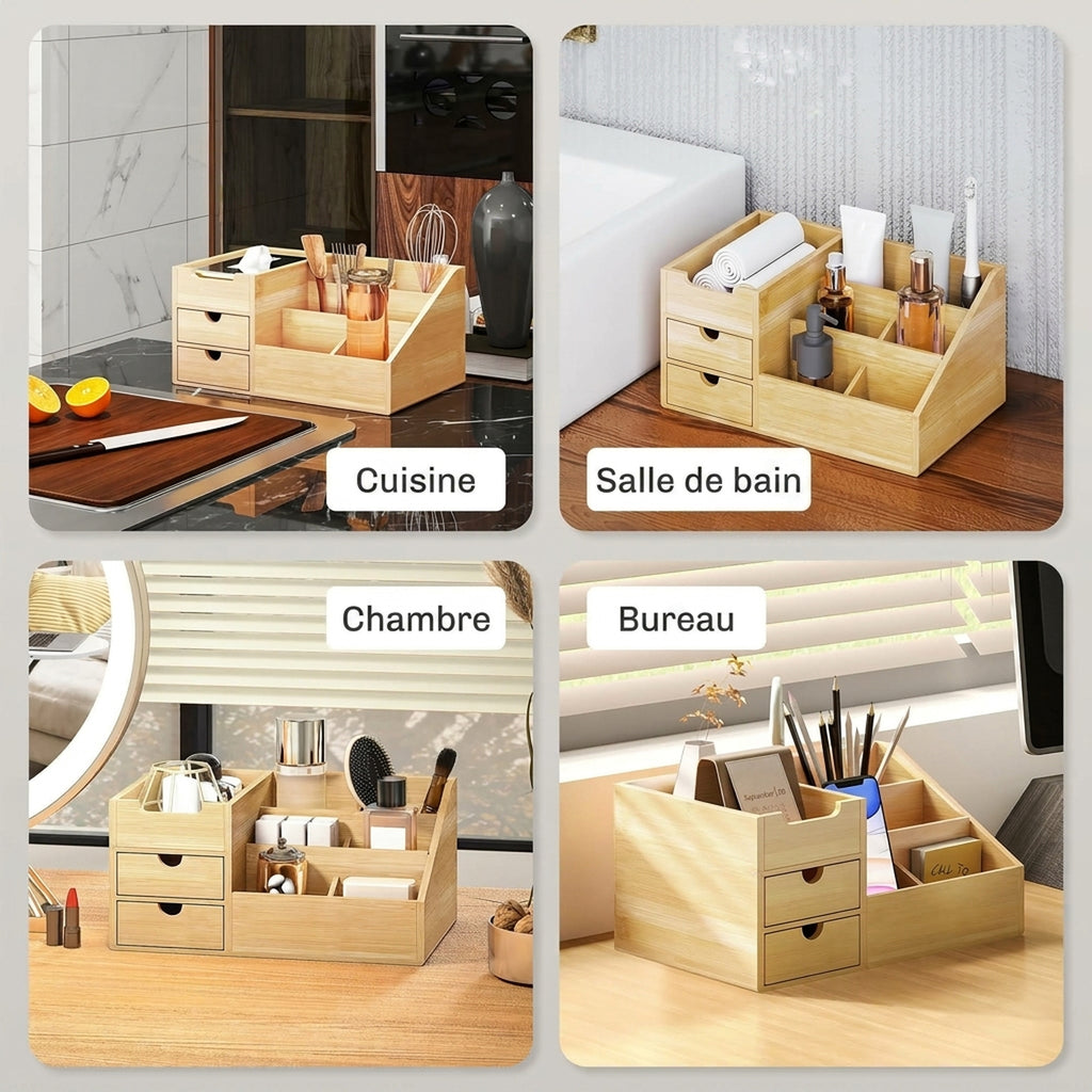 Boite de Rangement de Bureau - Organiseur de Bureau - 7 Compartiments, 2 tiroirs - Bambou Verni, Bambou-6