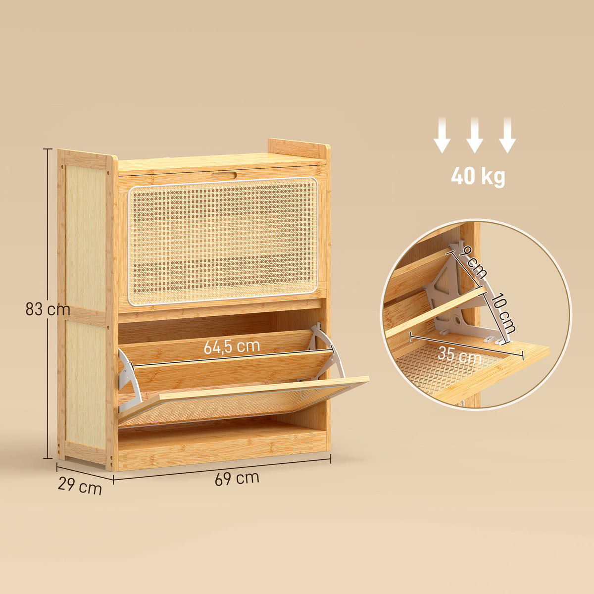 Meuble à chaussures 14 paires, armoire à chaussures 2 tiroirs rabattables, étagères réglables, 69x29x83cm, bois naturel-2