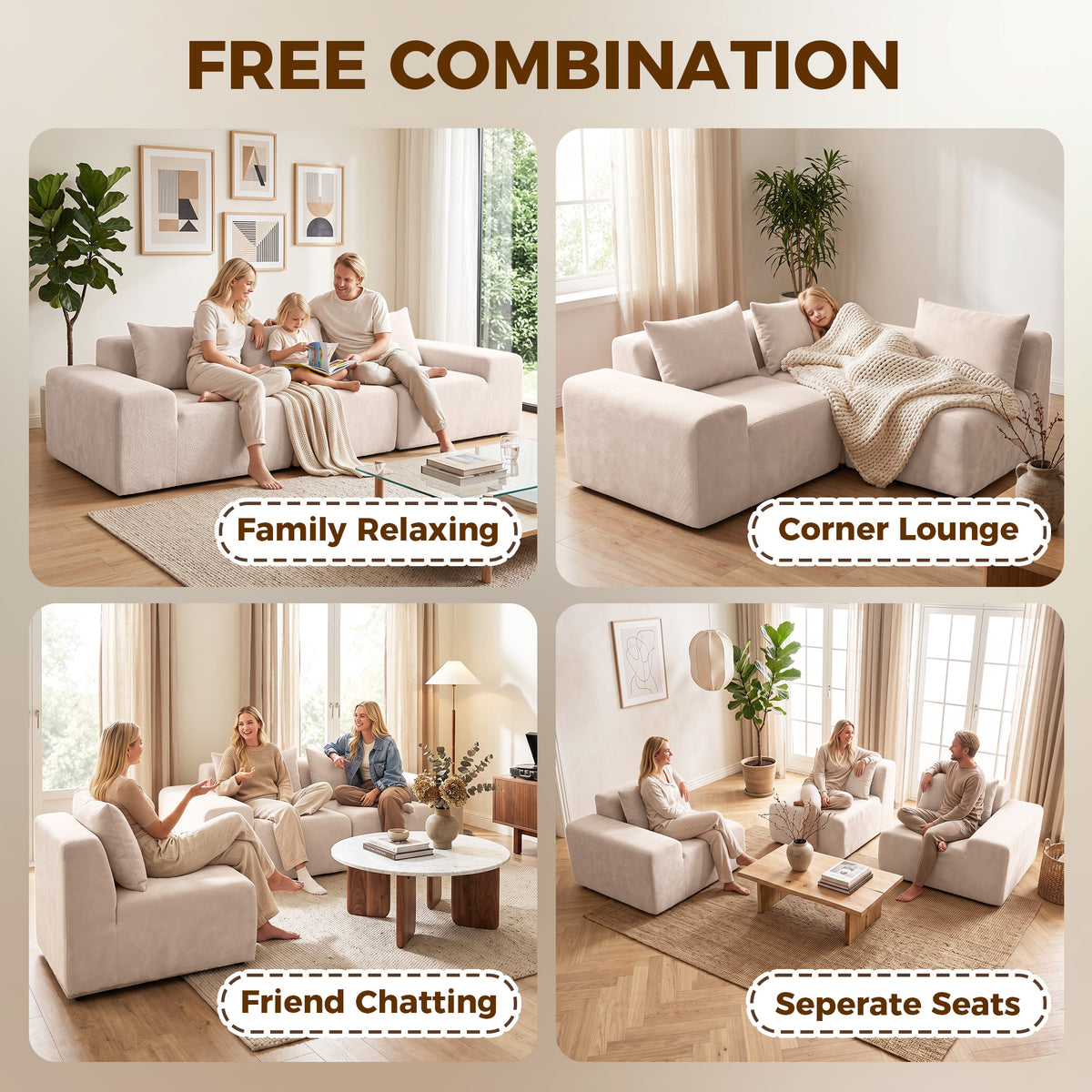 Canapé 3 Places en Chenille 320 cm, Canapé Modulaire, Assise et Accoudoirs Extra-Larges, Entièrement Compressé, Beige-7