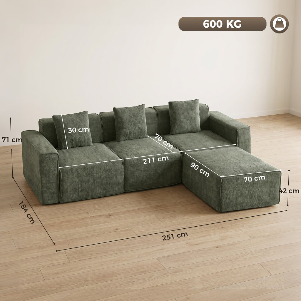 Canapé 3 Places avec Pouf Réversible, Canapé d'Angle Modulable en Chenille 251 cm Moderne, Assise Large, Vert-2