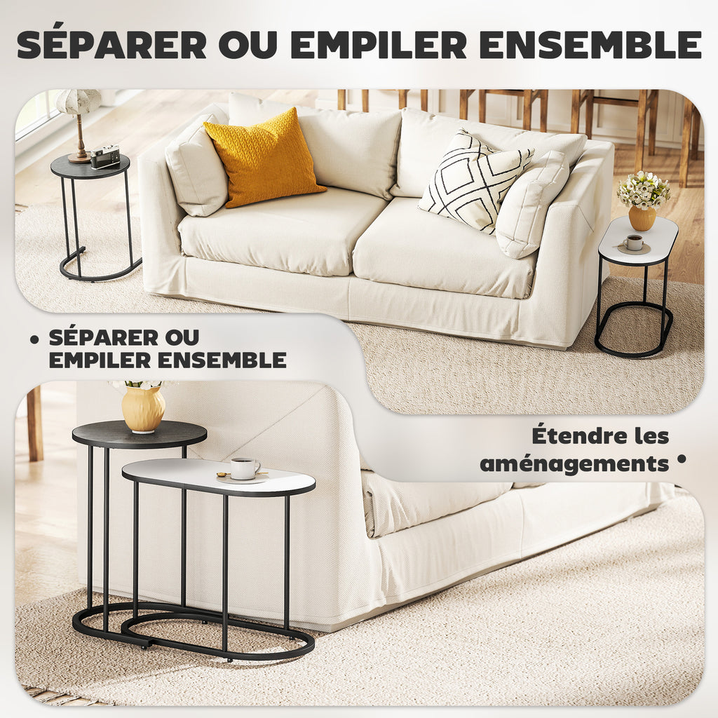 Lot de 2 tables basses gigognes, tables d'appoint empilable style contemporain, cadre en métal gris et blanc-3