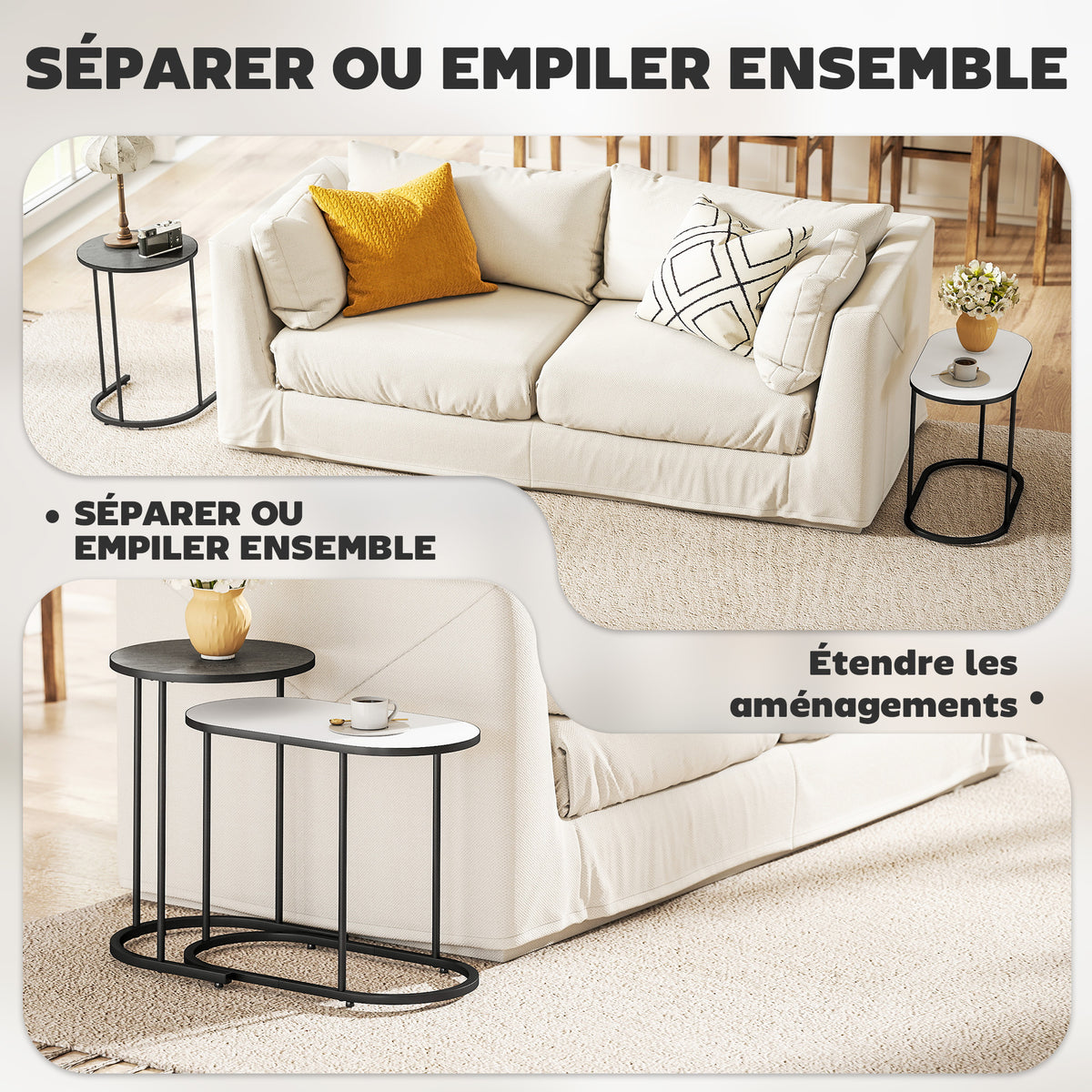Lot de 2 tables basses gigognes, tables d'appoint empilable style contemporain, cadre en métal gris et blanc-3