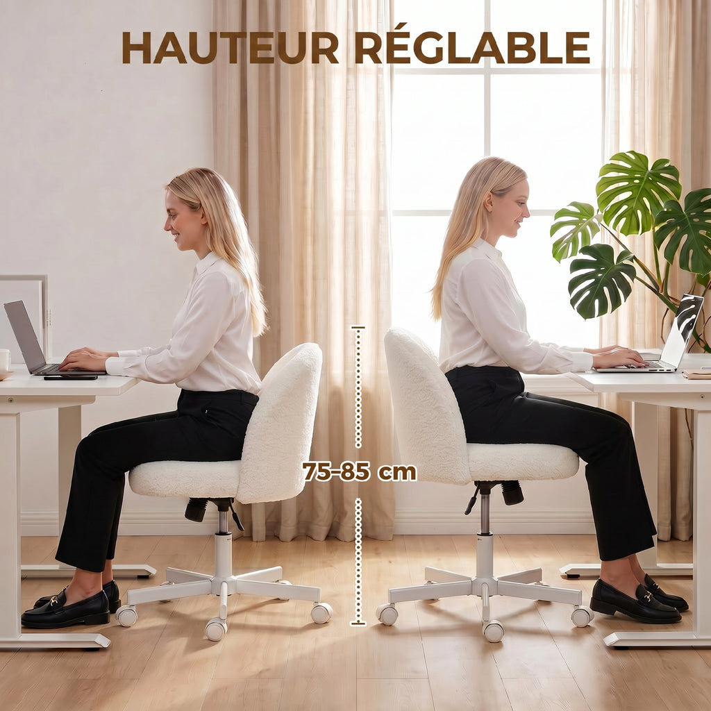 Chaise de Bureau Ergonomique, Fauteuil de Bureau Inclinable en Tissu Bouclette Sans Accoudoirs, Hauteur Réglable, Crème-5