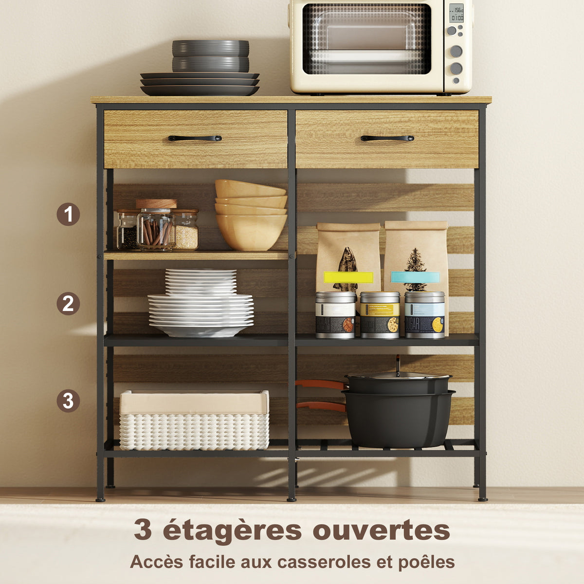 Buffet cuisine, meuble de rangement avec 2 tiroirs et 3 étagères ouvertes, 90 x 40 x 91 cm, bois naturel et noir-4