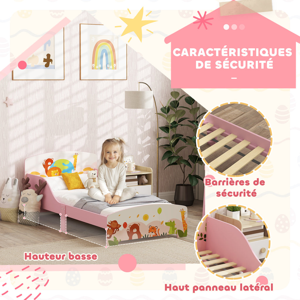 Lit Enfant 70x140 cm motif animal 140 x 70 cm avec sommier à lattes en bois design bas sécurisé rose-3