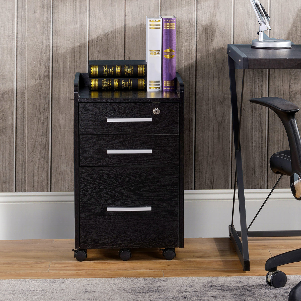 Caisson de bureau rangement bureau sur roulettes 3 tiroirs 1 verrouillable 1 trieur dossiers en bois noir-9