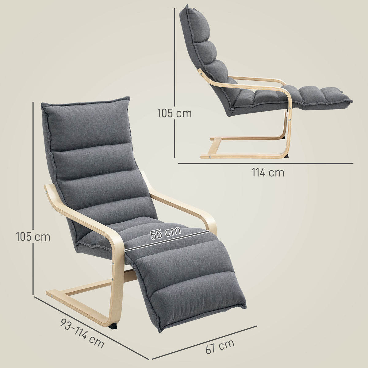 Fauteuil Salon, Fauteuil d'Appoint Rembourré en Velours, Repose-Pieds Réglable, Structure Acier, 67x93x105cm, Gris Foncé-2