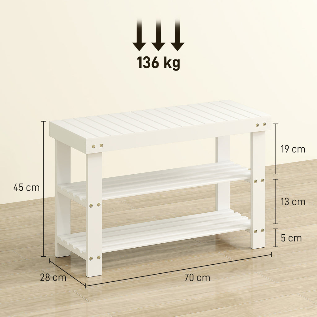 Banc à chaussures en bambou, étagère à chaussures à 3 niveaux, style scandinave, charge 136 Kg, 70 x 28 x 45 cm, blanc-2