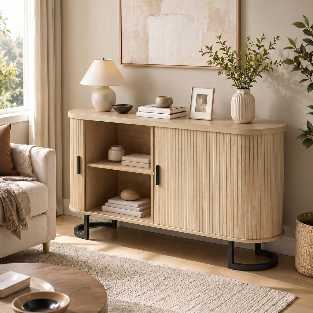 Buffet salon, meuble de rangement ovale avec 2 portes coulissantes et étagères réglables, 140x40x75cm, bois naturel-1